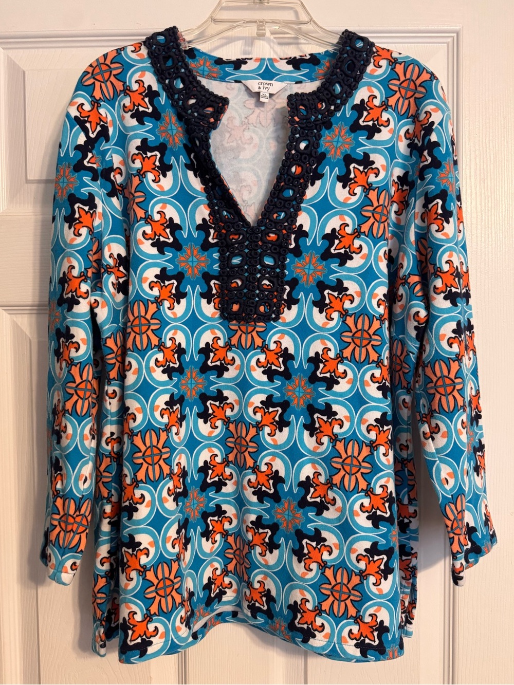 Crown & Ivy Teal Navy Orange Medallion Crochet Trim V-neck 3/4 Sleeve Blouse XL